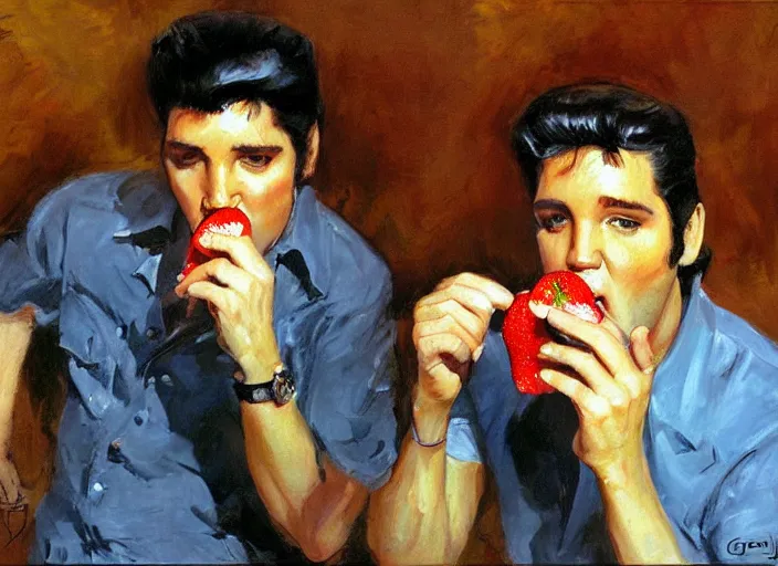 Image similar to a highly detailed beautiful portrait of elvis presley eating strawberry, by gregory manchess, james gurney, james jean