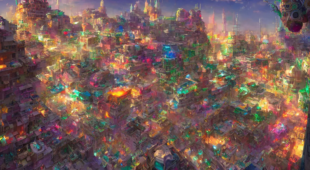 Image similar to bazaar zouk place aladin block greeble multicolorful sky shine mattepainting, street art, trending on artstation, by huang guangjian and gil elvgren and sachin teng