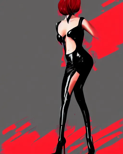 Image similar to Digital painting of a female model posing in a black latex dress, gothic, short red hair, black and red tones, dramatic background, concept art