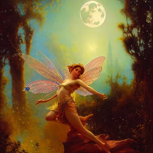 Image similar to attractive fairy queen fly high in the night, fantasy, full moon in background. hyper detailed painting by gaston bussiere, craig mullins, j. c. leyendecker, mid shot, 8 k, cryengone, cinematic lighting, beautiful,