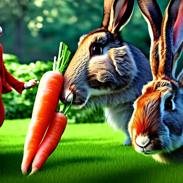 Image similar to photograph of giant rabbits eating people carrots in the garden full cinematic scene, 4 k realistic photorender