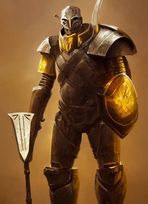 Prompt: dynamic portrait of a cyclopean warforged character in yellow armor holding a paladin engraved longsword and carrying a big shield, epic , trending on ArtStation, cinematic lighting, by Greg Rutkowski and Jesper Ejsing