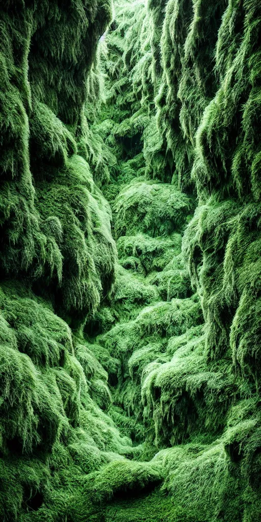 Image similar to dream looking through, a hyper realistic photograph fertile, lush mossy ferns canyon, ferns, minimalist structure, misty, raining, icelandic valley, in the style of reuben wu, roger deakins