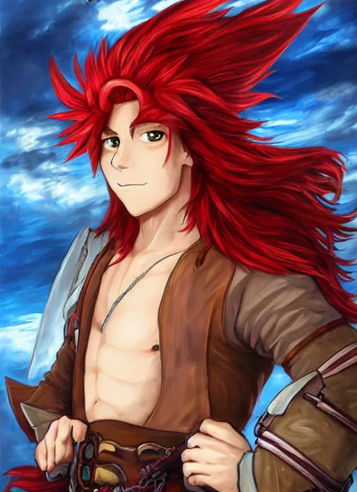 Image similar to An epic fantasy pokemon anime style portrait painting of a long haired, red headed male sky-pirate in front of an airship