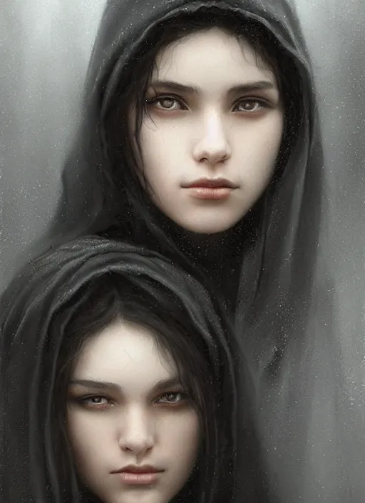 Image similar to a teenage girl with very short black hair and a huge cloak made of grey and black raven feathers standing in the mist. mist swirls around her. beautiful highly detailed face. beautiful painting by artgerm and greg rutkowski and raymond swanland