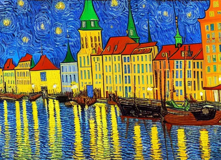 Image similar to a painting of the city of Rostock in the style of Vincent van Gogh