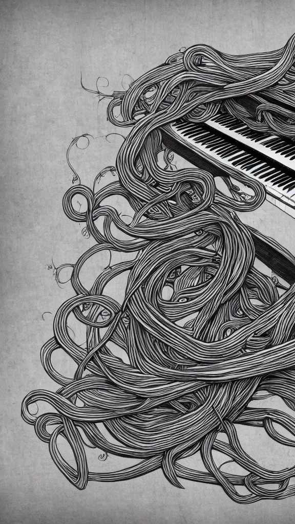 Image similar to a piano with long thick vines wrapping around it, fantasy art, art station, grey background, the piano is in the center