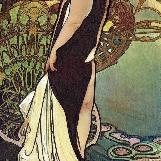Prompt: A delicate painting of Lena Dunham sitting at a pond, by Alphonse Mucha, art nouveau, detailed, elegant
