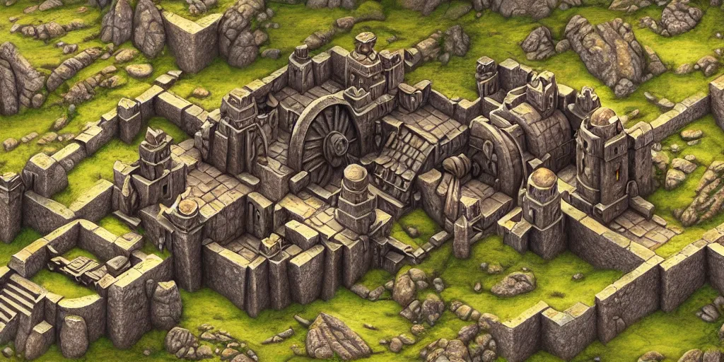 Image similar to isometric view of a dwarven fortress at the edge of a mountain range, matte oil painting, landscape, medieval fantasy, epic, capital site, smelters, forges, waterwheels, chiseled architecture, ornate, trading depots, extremely detailed, sharp focus