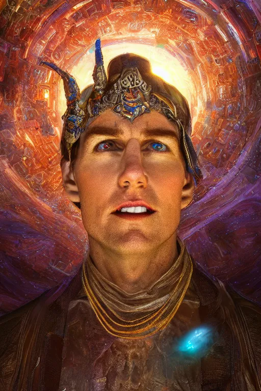 Image similar to a cinematic shot of a hyperdimensional jester, tom cruise, opalescent quartz, gemstone, 4k detailed hyperrealistic digital photo by Andy Thomas, Mario Martinez, Daniel Mirante, Gustave Dore, Artstation, CGsociety, masterpiece