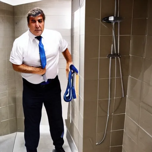 Image similar to joan laporta in the prison showers, bending down to get the soap