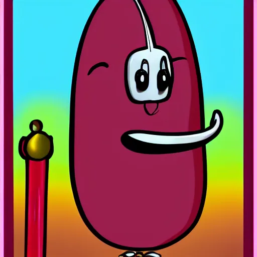 Prompt: kidney bean holding a staff, wearing crown, cartoon character, digital art, fun,