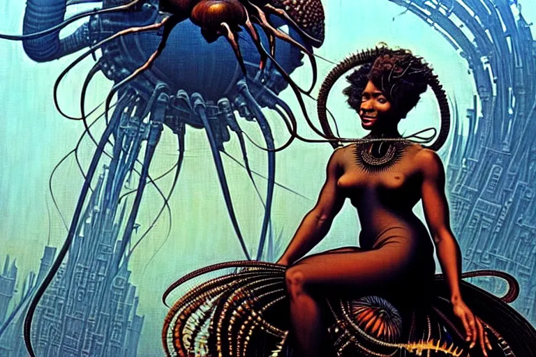 Image similar to realistic detailed portrait movie shot of a beautiful black woman riding a giant spider, dystopian city landscape background by denis villeneuve, amano, yves tanguy, alphonse mucha, max ernst, ernst haeckel, kehinde wiley, caravaggio, jean delville, edward robert hughes, roger dean, cyber necklace, rich moody colours, sci fi patterns, dramatic, wide angle