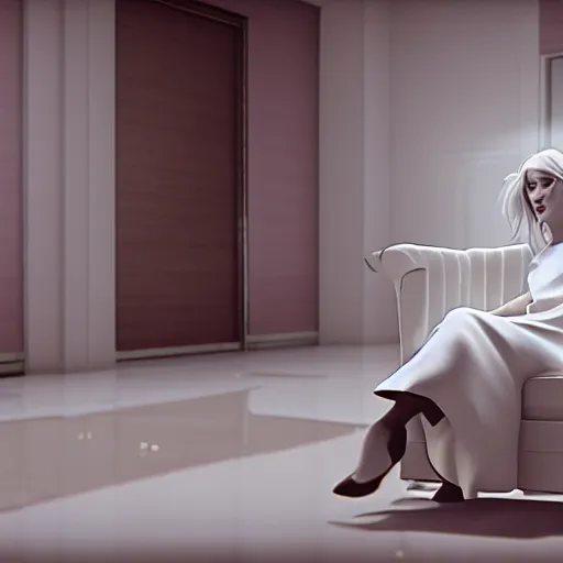 Image similar to a woman in a white dress sitting in a chair, concept art by john carpenter, reddit, hypermodernism, playstation 5 screenshot, unreal engine 5, criterion collection