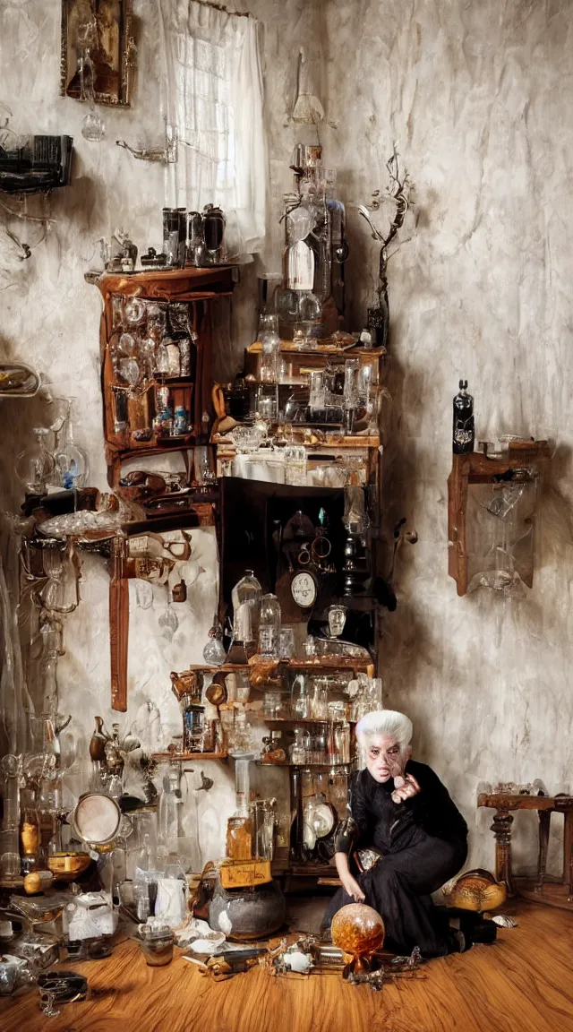 Prompt: full body protrait beautifull witch with white hair in old room. A cristal ball on a wood table with a potions and old instruments. A cat on the floor licking his paw. photorealistic, profesional photo, by Steve McCurry