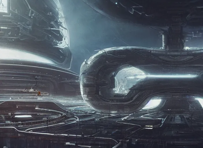 Prompt: cult of technology, exterior, scifi, machines, artificial intelligence!!, ultra realistic, highly detailed, brain in a vat!!, futuristic landscape, space ships, industrial, city, utopian architecture, birds eye view, atmosphere, masterpiece, epic lighting, bright, cinematic, art by jan urschel and neil blevins