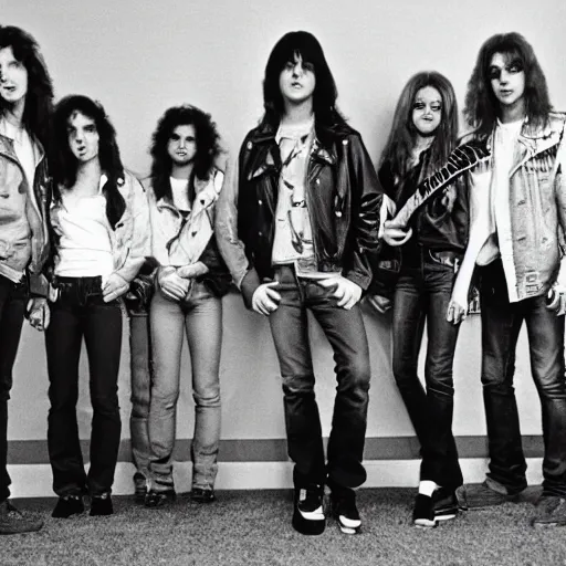 Image similar to Group of 19-year-old boys and girls with long permed wavy brown hair, leather jacket and denim jeans, holding electric guitars, 1987, thrash metal, heavy rock, super 8mm film