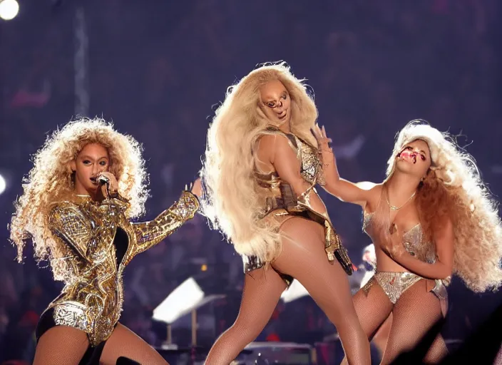 Prompt: beyonce and lady gaga giving a concert, ( eos 5 ds r, iso 1 0 0, f / 8, 1 / 1 2 5, 8 4 mm, postprocessed, crisp face, facial features )