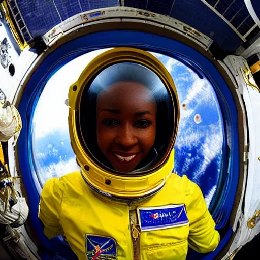 Prompt: “nigerian female astronaut on board international space station wearing space suit and translucent helmet, highly detailed, fish eye lens, in the style of Edward hooper oil painting”