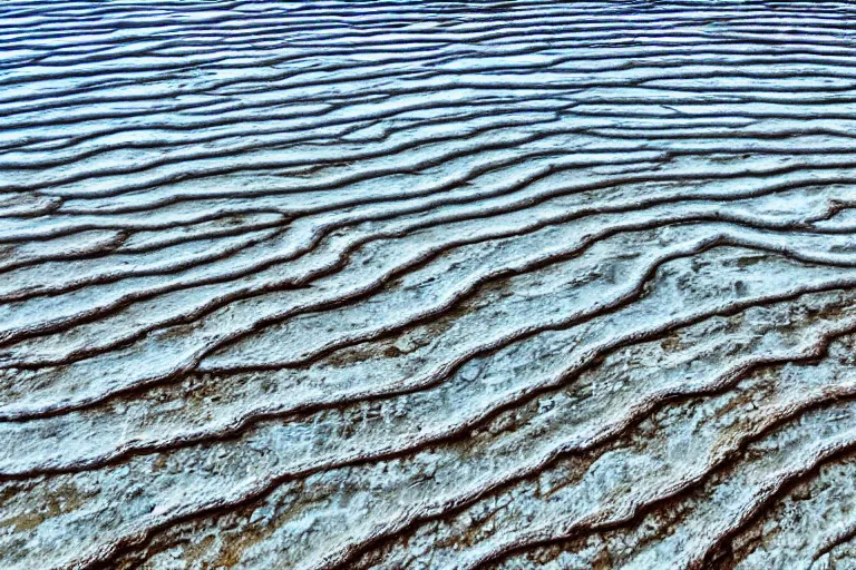 Image similar to salt deposits of the dead sea, striped beach, salt cristals and sand, artistic vacation photo, trending on artstation.