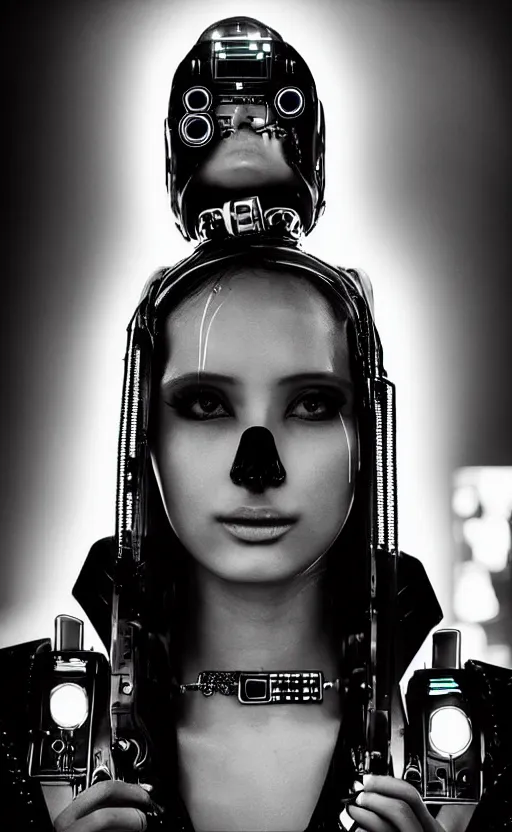 Image similar to “ a beautiful cyberpunk female model with a robotic neck and glowing neon piercings, met gala fashion, cinematic lighting, strong depth of field, black and white 8 k photography ”