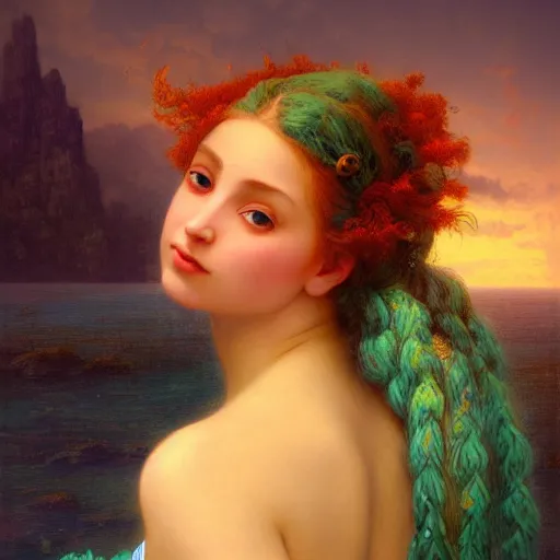 Image similar to a beautiful stunning interesting detailed fantasy whimsical matte digital portrait illustration of a mermaid with turqoise hair, yellow-orange and red-violet sunset, spectacular sunset, in the style of William Adolphe-Bouguereau and Marc Simonetti, magic the gathering, trending on artstation hq, contest winner