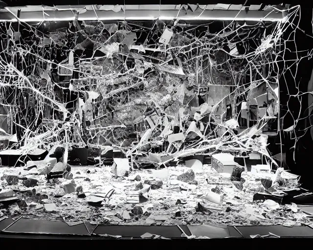 Prompt: paper mache diorama of a stage at a club, dim lights, broken computers and cables, glass shards, centered, by Terry Richardson, 8k, concert documentary, b&w photography, cinematography by Jim Jarmusch, set design by Neo Rauch