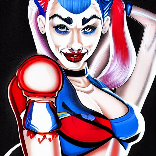 Image similar to detailed digitial painting of harley quinn in bruce timm art style, elaborate, intricate