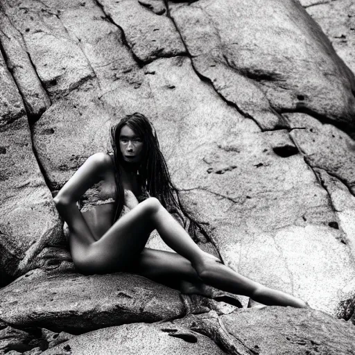 Prompt: Gorgeous primitive woman with her legs crossed, sitting under a ginormous rock, holding her hands out to the camera, in a rainy environment, beautiful analog photography, rainy and wet atmosphere, closeup, dark and grim lighting, trending on artstation, 4k, 8k