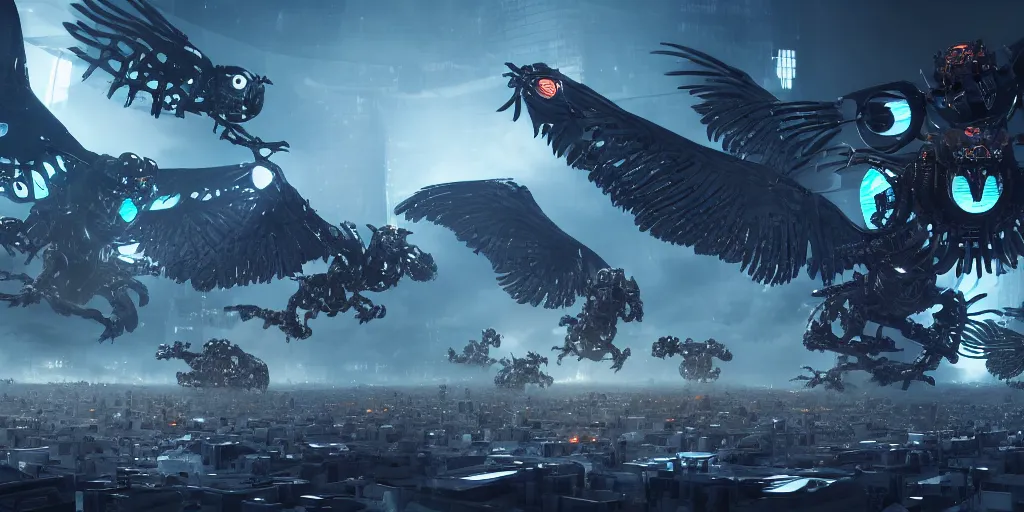 Prompt: an army of evil, malevolent, giant cyborg owls surrounded by computers and computer screens. this 4 k hd image is trending on artstation, featured on behance, well - rendered, extra crisp, features intricate detail and the style of unreal engine. volumetric lighting octane render