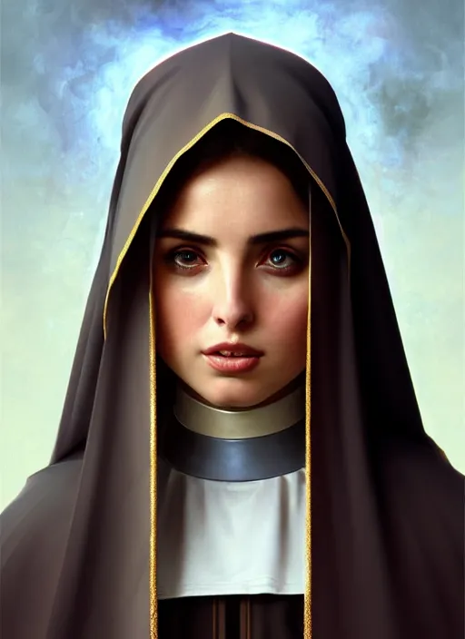 Image similar to portrait of ana de armas as a nun, catholic, church, bible, christian, intrigante, headshot, highly detailed, digital painting, artstation, concept art, sharp focus, cinematic lighting, illustration, art by artgerm and greg rutkowski, alphonse mucha, cgsociety