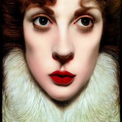 Image similar to portrait of a hybrid of judy garland and lady gaga, brown fringe, full lips, large downslanted eyes, holman hunt, john william waterhouse, kilian eng, rosetti, john everett millais, william holman hunt, 4 k