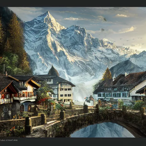 Image similar to Switzerland, high resolution fantasy concept art, realistic, intricate details, soft lighting