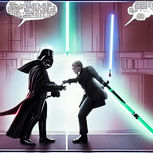 Prompt: Saul Goodman battling Darth Vader with lightsabers on the death star, 4K, detailed