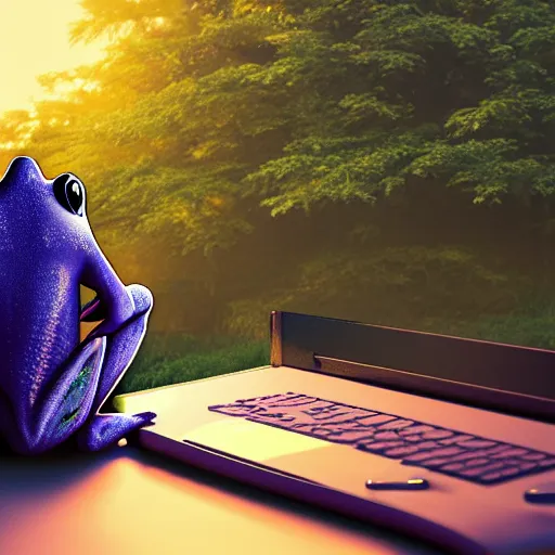 Image similar to frog on a beuatifull hill watching a sinset as he sits behind a computer, photorealistic