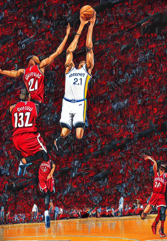 Prompt: The NBA Finals, a game winning shot, 1 on 1 situation, in a digital art style, hyper detail