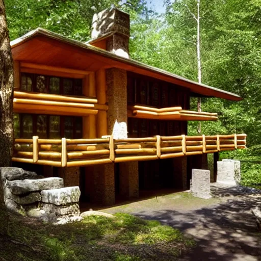 Prompt: Log Cabin designed by Frank Lloyd Wright