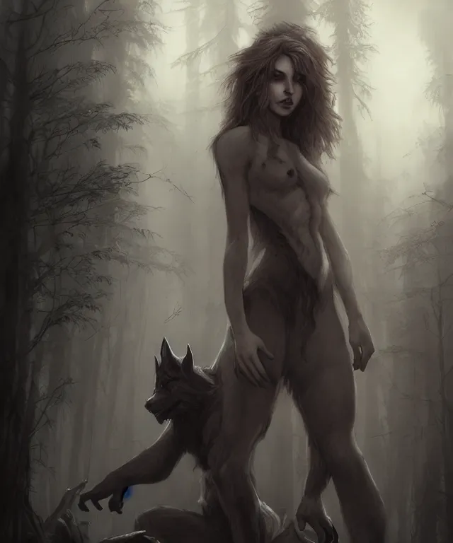 Prompt: werewolf by charlie bowater and titian and artgerm, full - body portrait, intricate, face, forest, elegant, grey mist, beautiful, highly detailed, dramatic lighting, sharp focus, trending on artstation, artstationhd, artstationhq, unreal engine, 4 k, 8 k