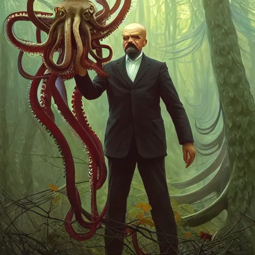 Image similar to photo of vladimir lenin and octopus hybrid with tentacles in the forest, highly detailed, digital painting, artstation, smooth, sharp focus, illustration, art by artgerm and greg rutkowski and alphonse mucha