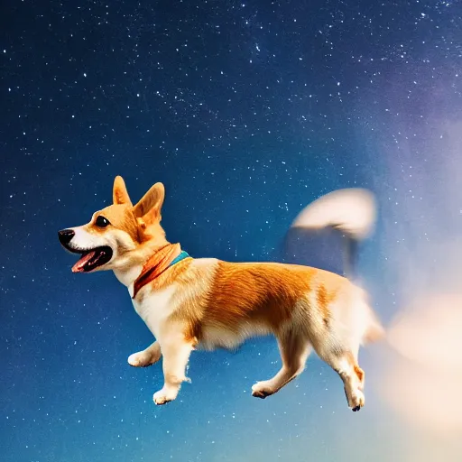 Image similar to corgi attaining [ angelic wings ], [ flying like a superhero ] in the [ night sky ]!! where the stars are visibly perceptible, [ realistic photo ]!!, [ 4 k photorealism ]!!, trending on unsplash