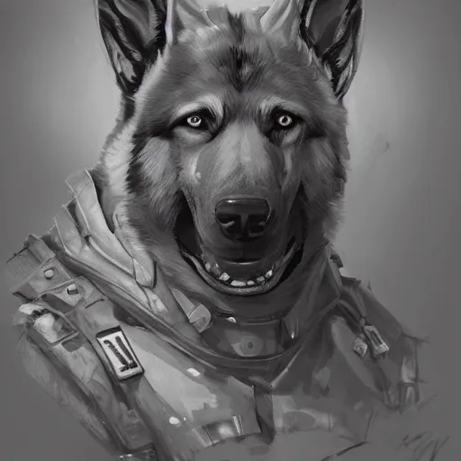 Image similar to a humanoid german shepherd beast - man in military style, sitting on the carpeted floor beside a bed, highly detailed portrait, digital painting, artstation, concept art, smooth, sharp foccus ilustration, artstation