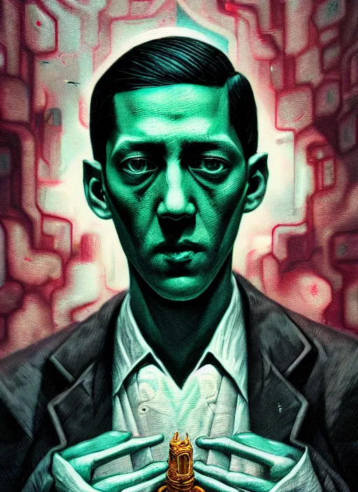 Image similar to hyper detailed ultra sharp h. p. lovecraft photorealistic portrait, somber melancholic aesthetic, masterpiece, elite, illustration, art by sachin teng, felix englund, organic matte painting, emerald color palette, hard edges, graffiti, street art 8 k