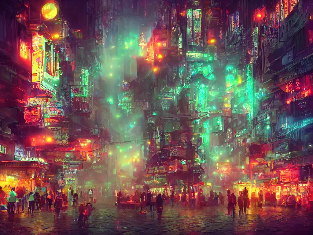 Prompt: A lively city full of mystery and secrets within the fog, holograms creating spirits that roam the streets, neon market signs, bright technological lights, highly detailed, matte painting, intricate detail, trending on artstation