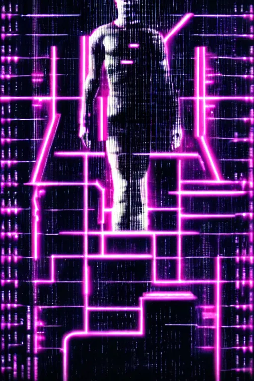 Image similar to cruxifiction of the technochrist, cyberpunk, bladerunner, rain, neon, holy, sacrifice, future, neo testament, video artifacts