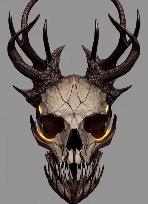 Image similar to deer skull mask ultra detailed fantasy, elden ring, realistic, dnd character portrait, full body, dnd, rpg, lotr game design fanart by concept art, behance hd, artstation, deviantart, global illumination radiating a glowing aura global illumination ray tracing hdr render in unreal engine 5