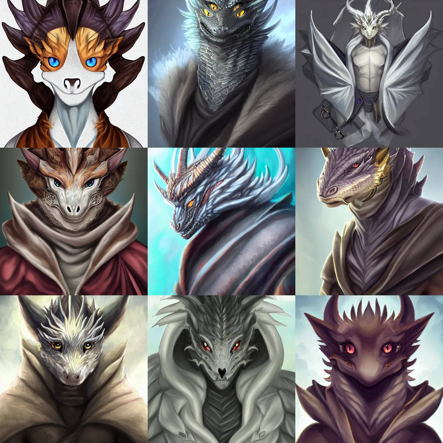 Image similar to very very beautiful half body portrait of a handsome young anthropomorphic silver dragon, soft draconic features, cute large eyes, male, wearing a luxurious silk cloak, commission on furaffinity, artstation, high quality digital art, warm colors