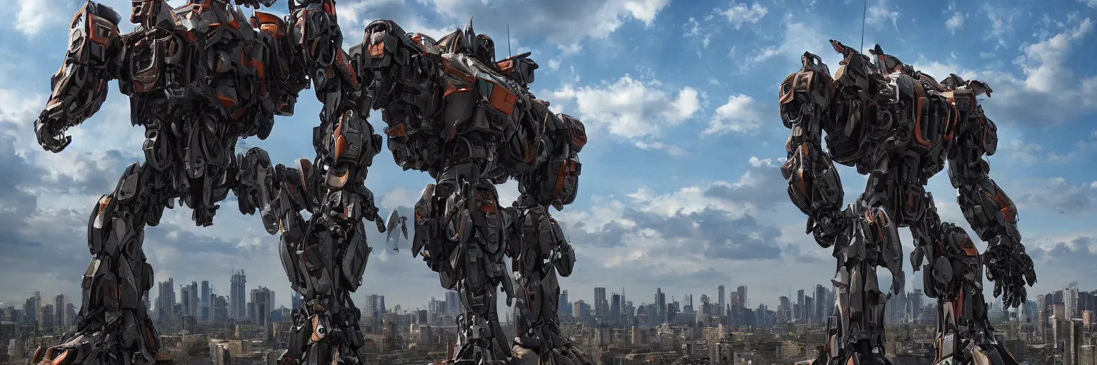 Image similar to a beautiful hyperrealistic ultradetailed 3D render of a gigantic mecha standing behinder the city, by brian sum and stephen martiniere and Antonio Manzanedo. mech, octane render, PBR, 3D, brilliantly colored, intricate, wide angle, volumetric lighting, polished, path tracing