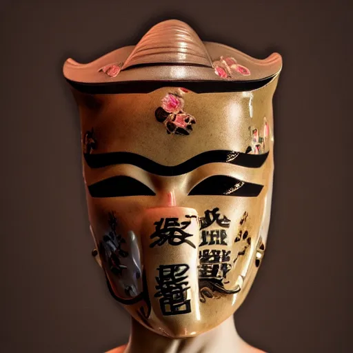 Prompt: an ornate porcelain geisha mask, reflective textures, cyberpunk glow, studio light