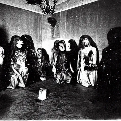 Image similar to a photograph photo of a hebrew seance gone wrong. blood, ooze, ectoplasm, screaming faces in the walls.