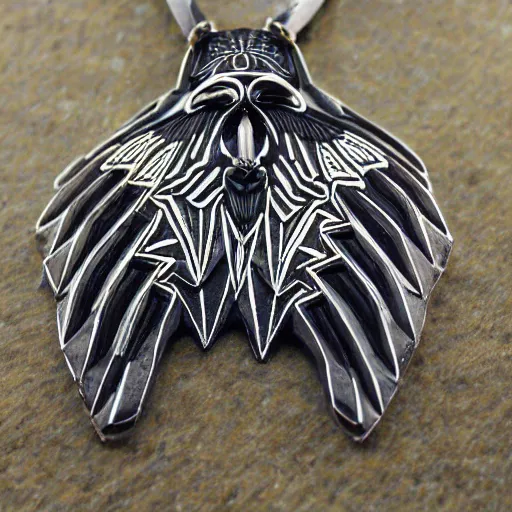 Image similar to jewelry inspired by the Haida Gwaii raven spirit, symmetrical, high detail, product photo